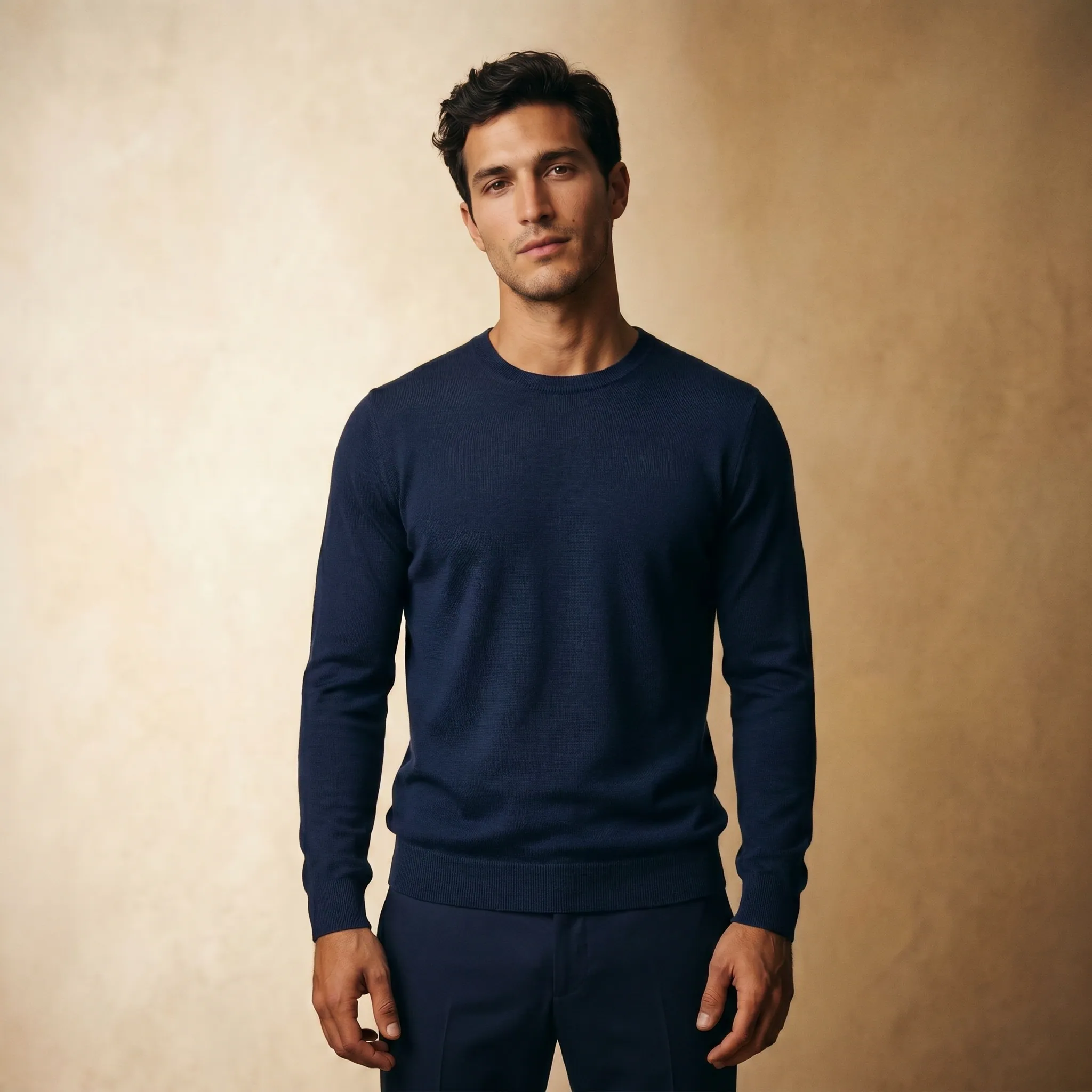 Virtual try-on, navy crew-neck sweater