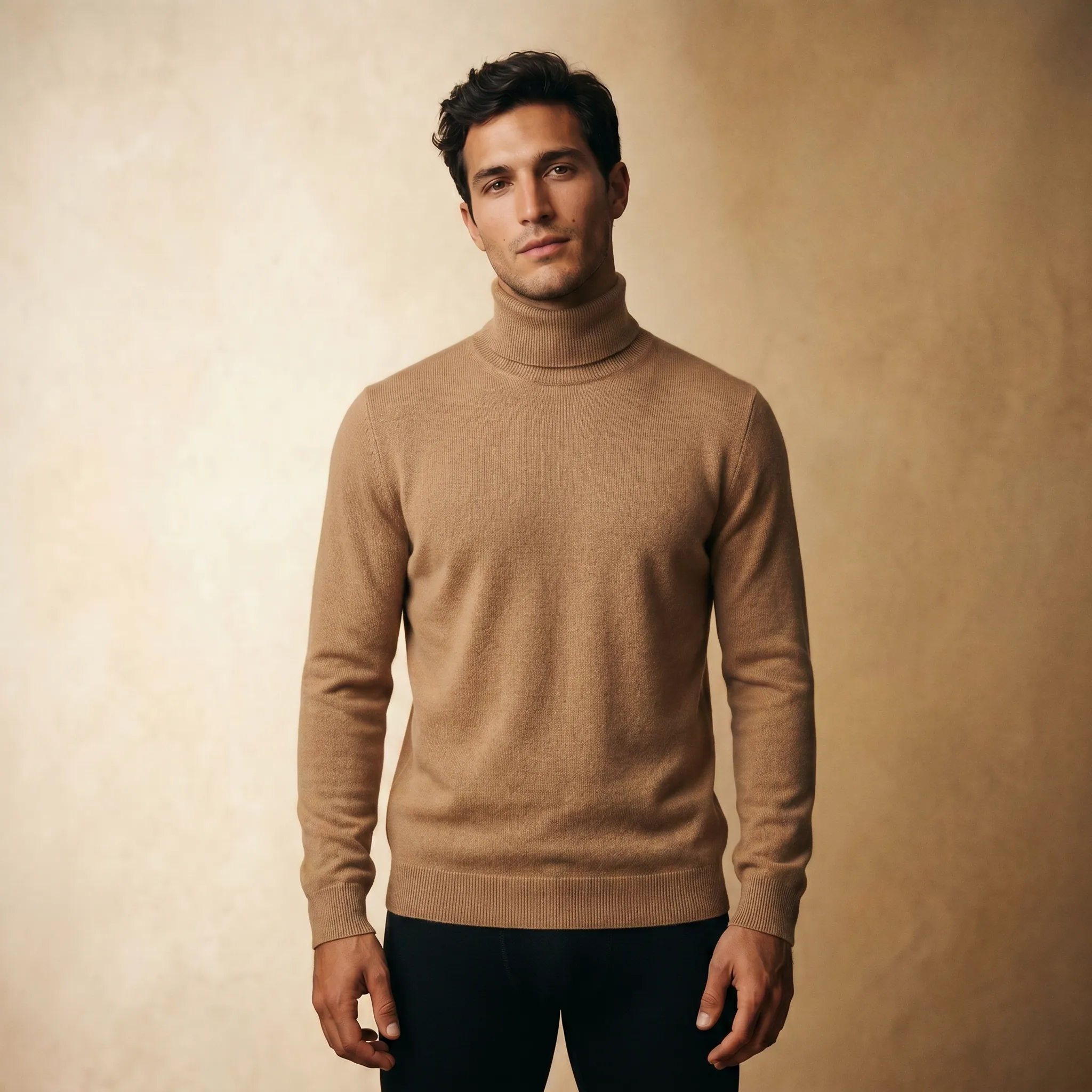 Virtual try-on, camel turtleneck sweater