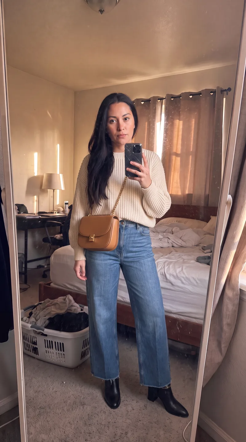 Essayage virtuel : la cliente porte un pull côtelé crème, un jean large, des bottines noires et un sac camel, dans son miroir.