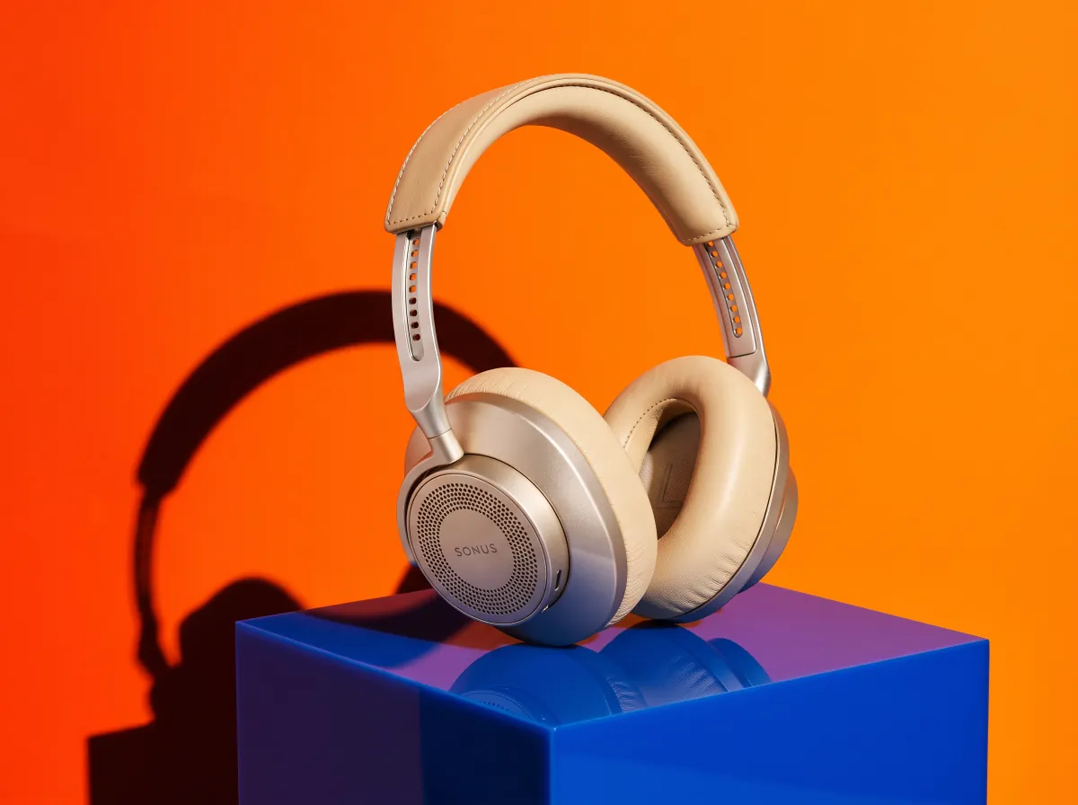 Visuel de campagne généré par Frame : un casque audio beige posé sur un socle bleu devant un fond orange saturé.