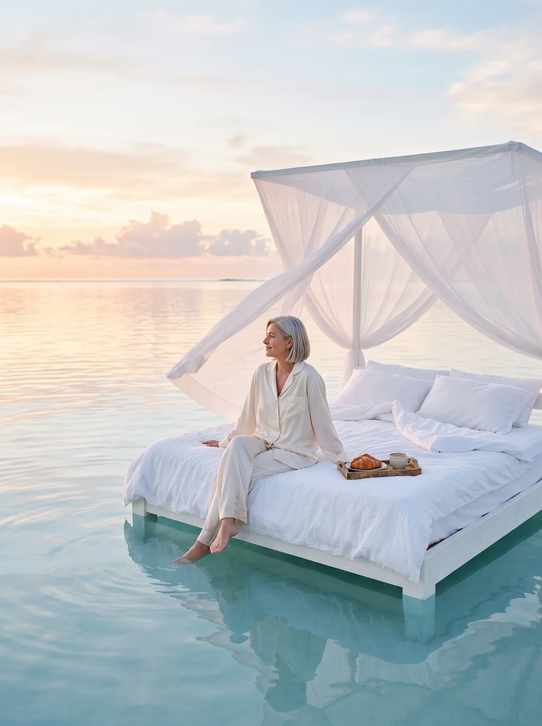 Un lit à baldaquin flotte sur l’eau au lever du soleil