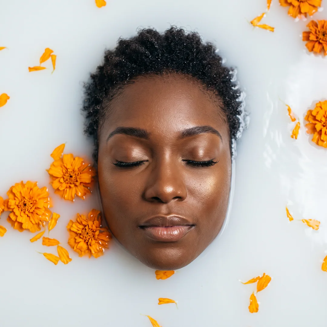 Un portrait entouré de fleurs orange