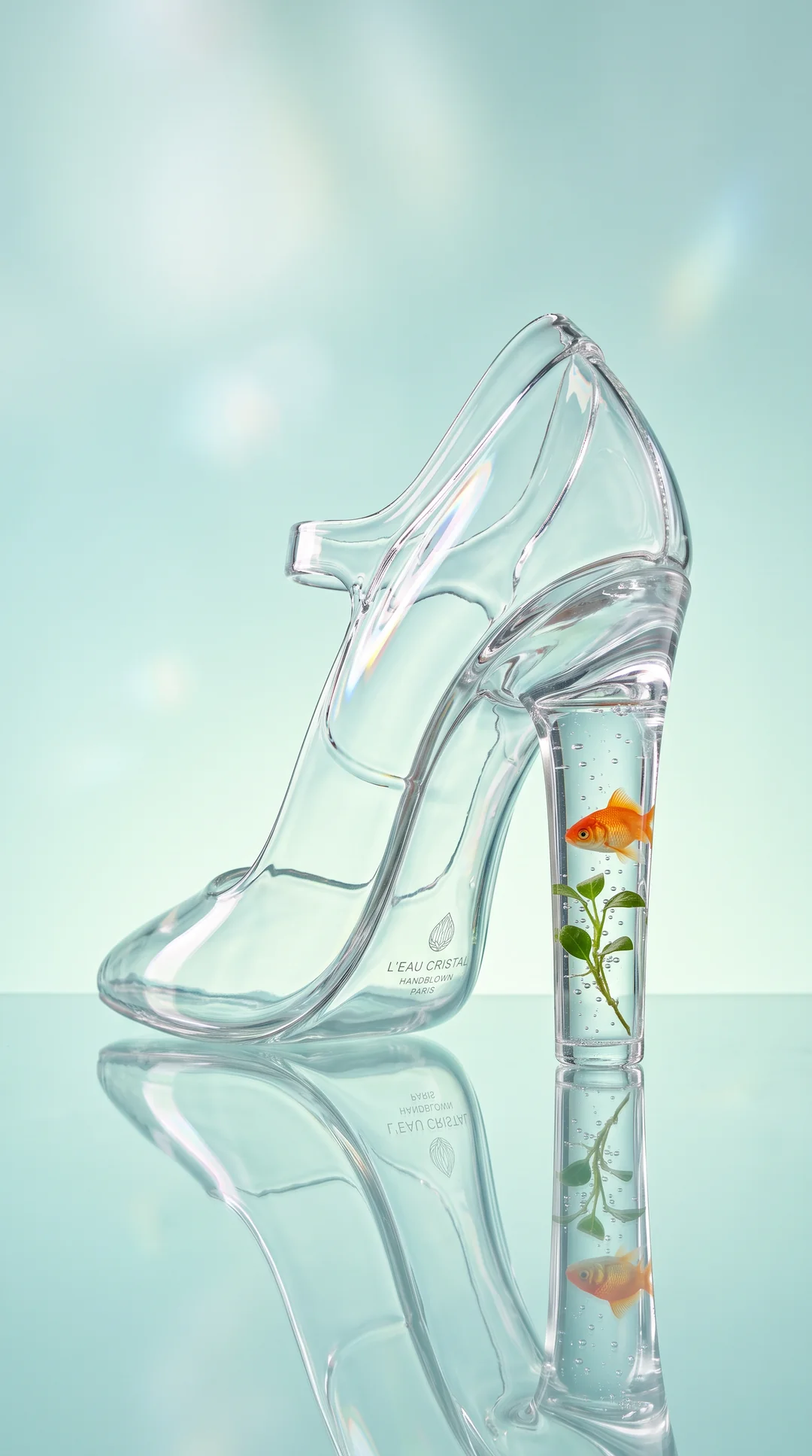 Un escarpin en verre transparent avec un poisson rouge dans le talon