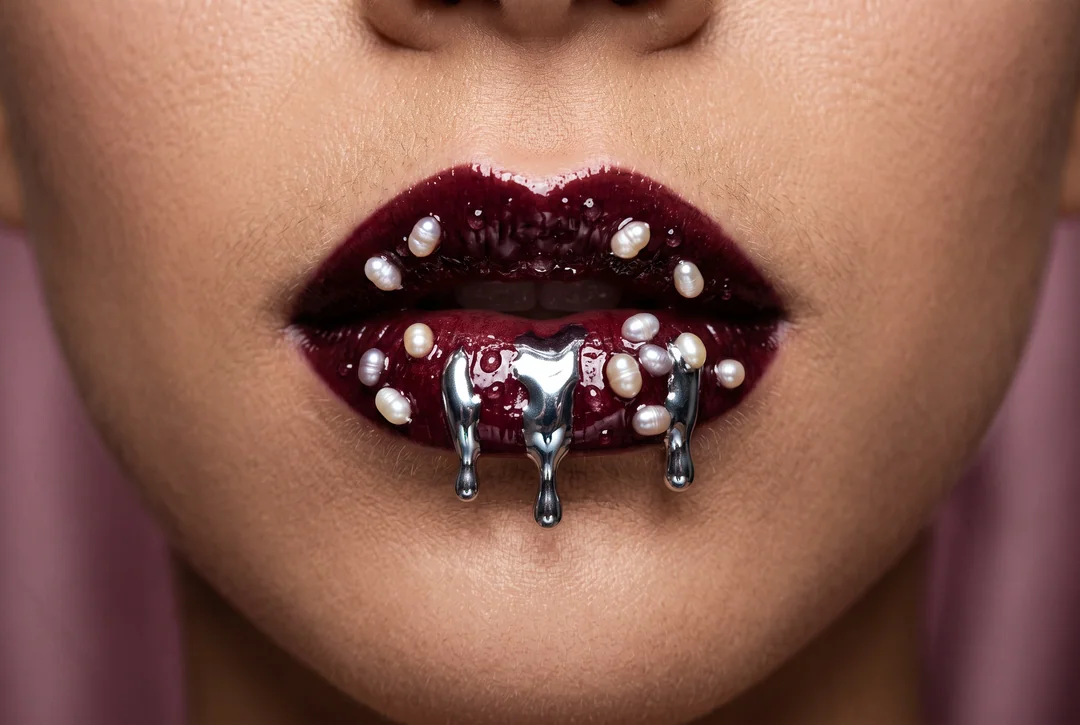 Un gros plan de lèvres ornées de bijoux