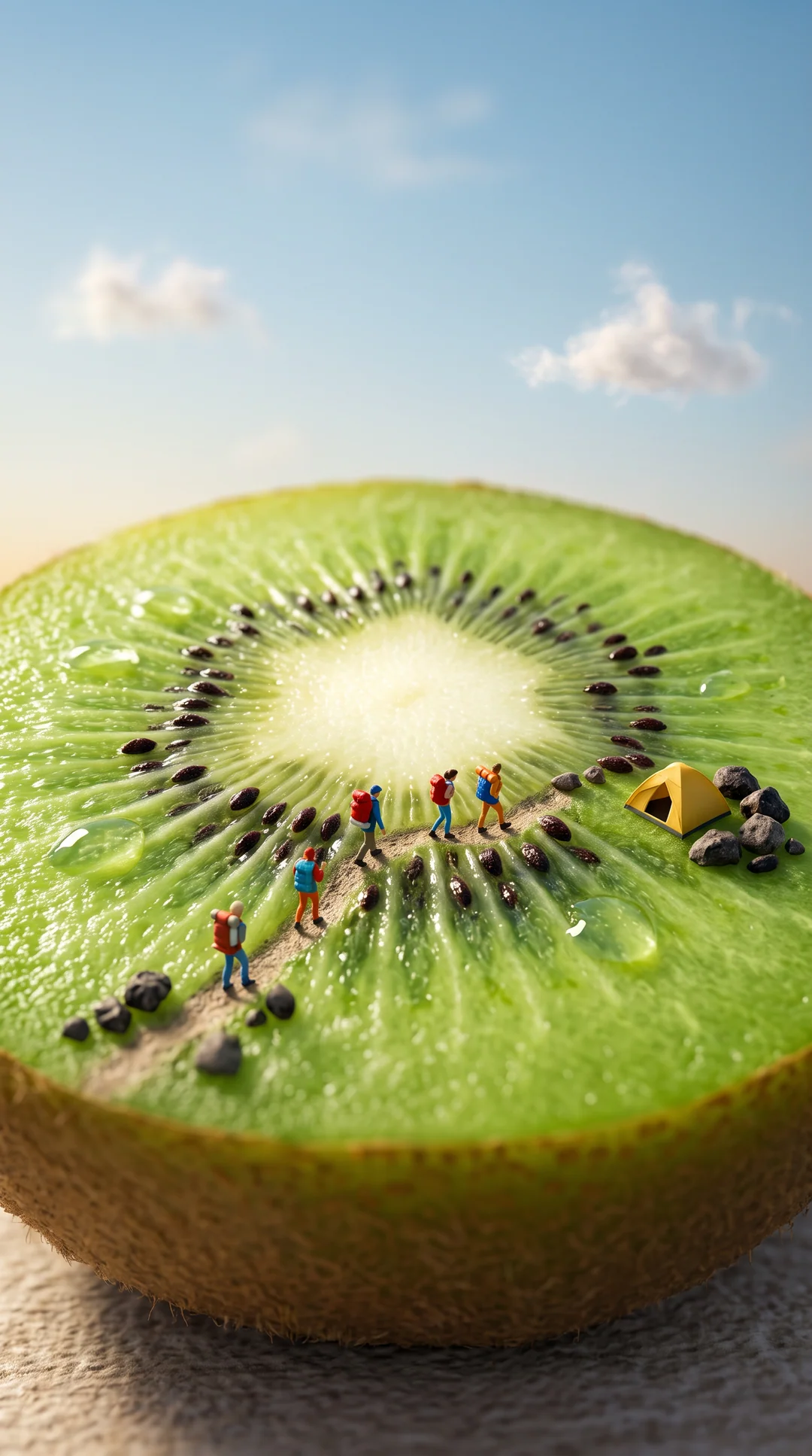 Un monde miniature sur une tranche de kiwi